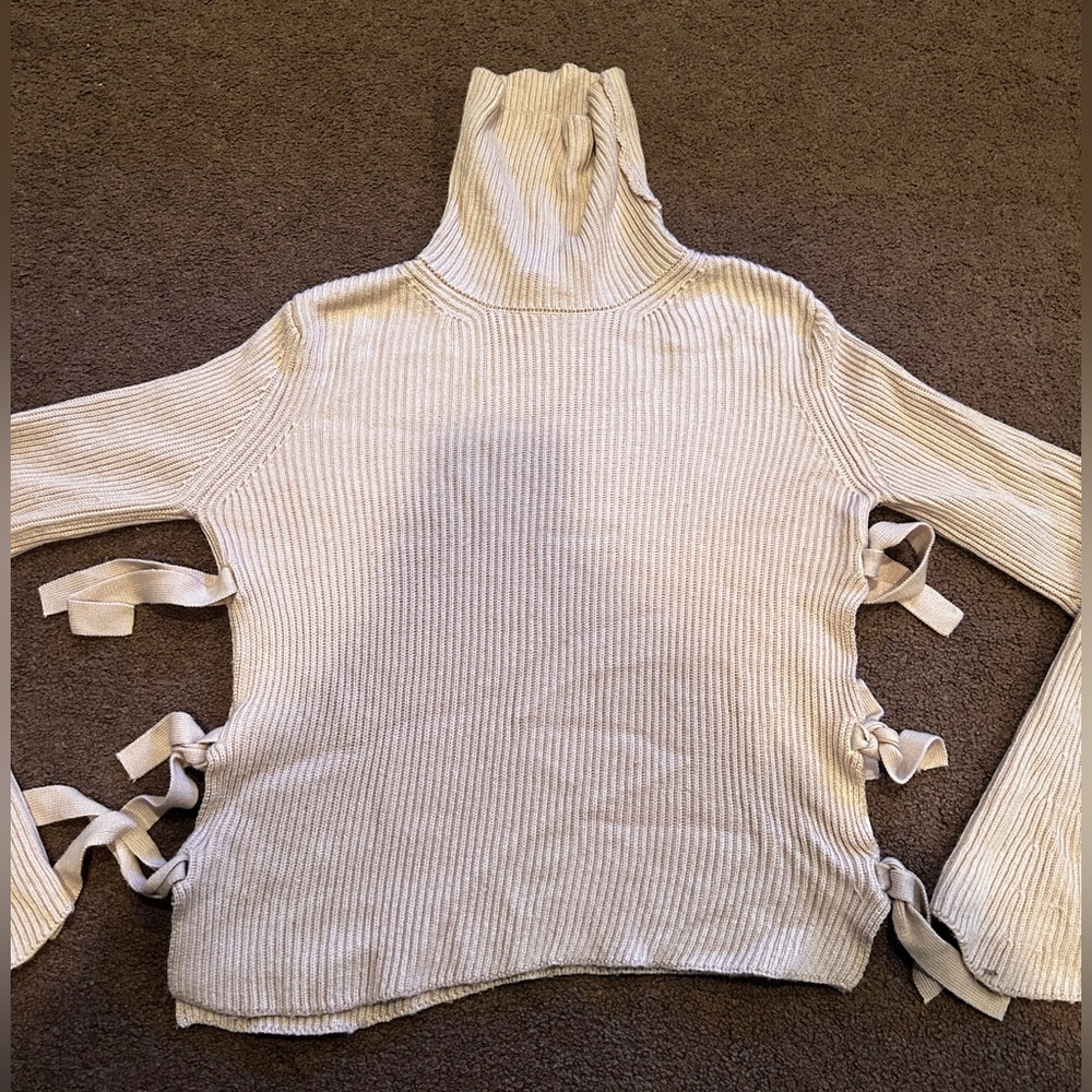 McGuire Cream Ribbed Side Tie Turtleneck Sweater Cutout Detail S